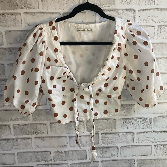 Abercrombie & Fitch White Brown Polka Dot Collar Puff Sleeve Blouse - Picture 2 of 5
